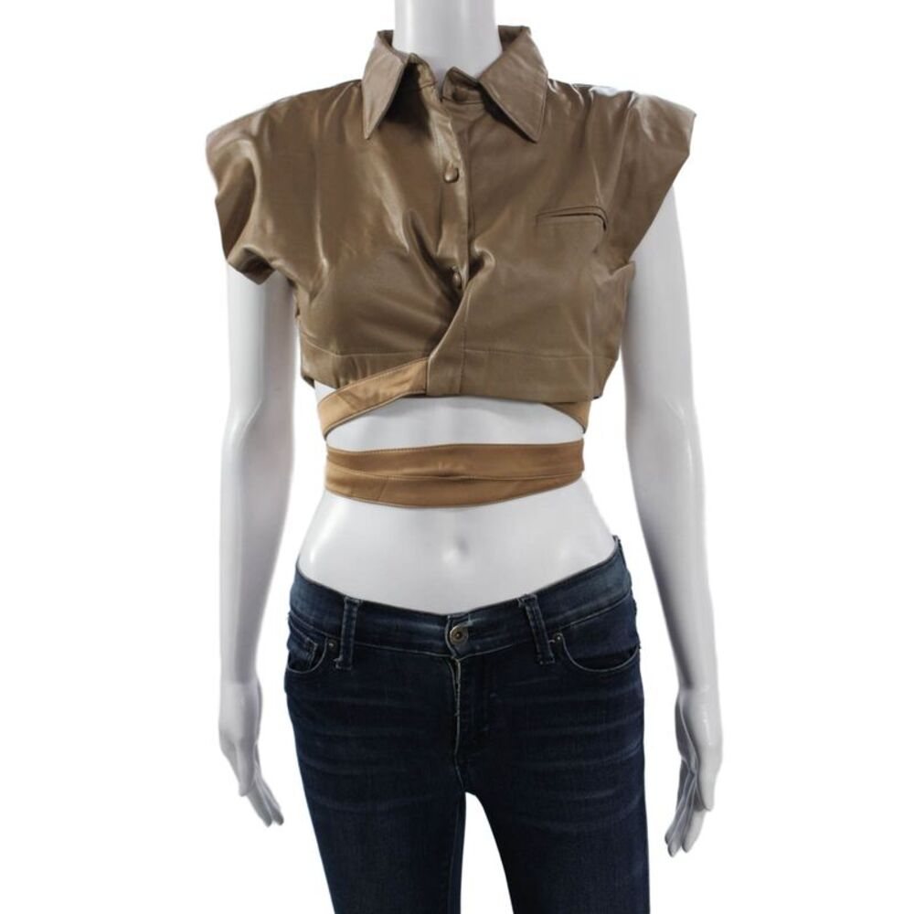 Nonchalant Label Women Cropped Button-Up Sleeveless Collared Beige Top Size XS